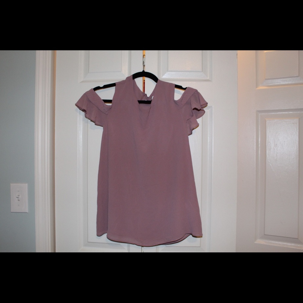Flowy, pink, off the shoulder dress shirt.
